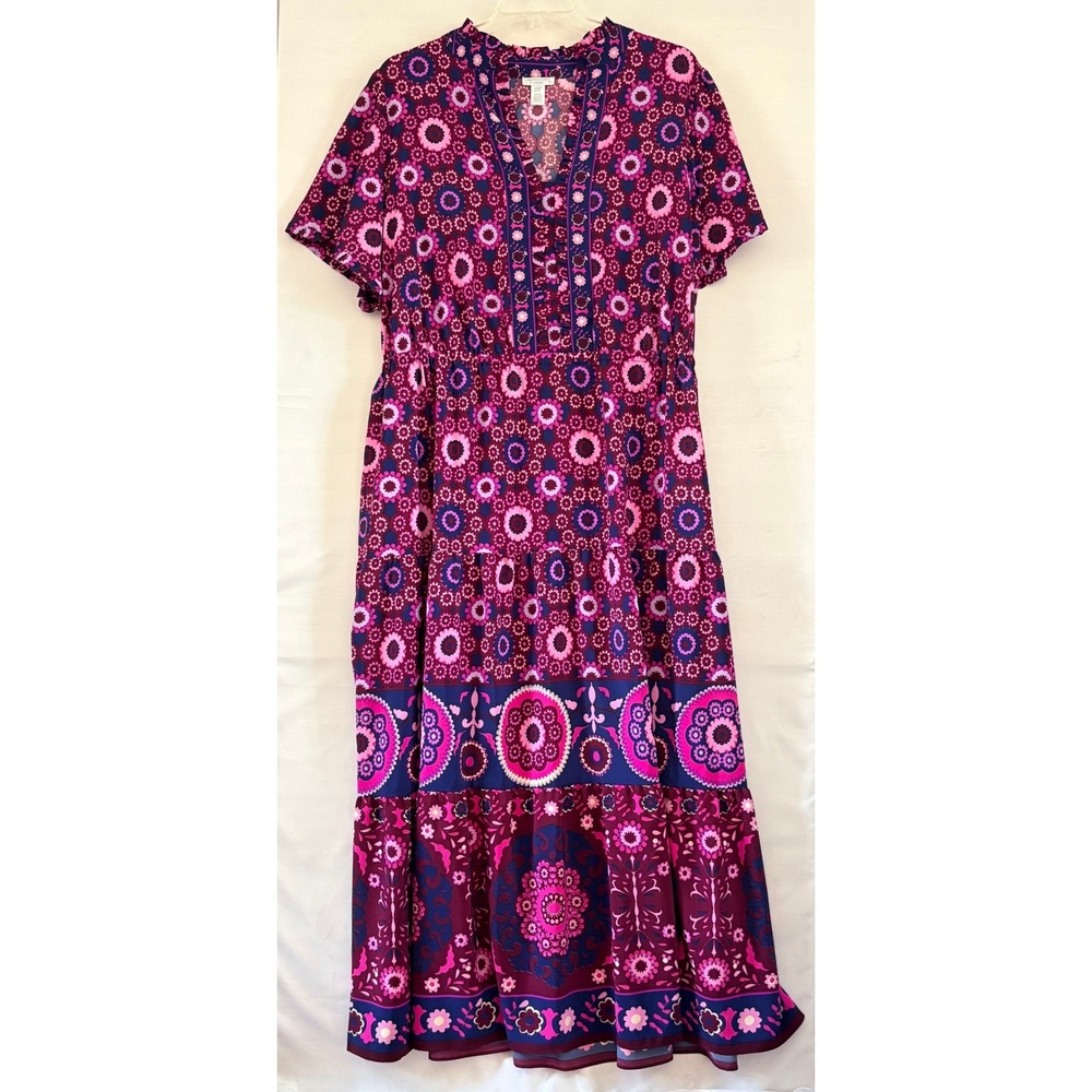 London Times Woman Pink Purple Floral Geometric Tiered Maxi Dress 22W Belted